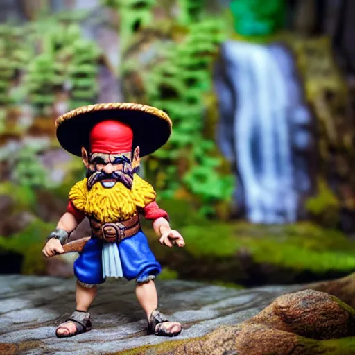 Prompt: high - res photograph of a claymation sculpture action figure warrior dwarf luffy, highly detailed sculpey diorama, forest setting, waterfall backdrop, smooth, sharp foccus, commercial product photography,