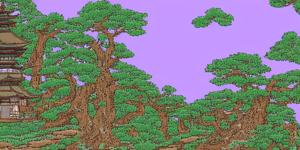 Prompt: old japanese landscape with pagoda, curved trees and rocks, detailed, pixel art