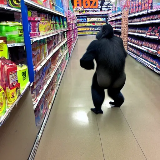 Prompt: photo of gorilla in walmart, cell phone camera, zoom,