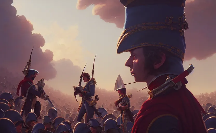 Image similar to highly detailed surreal vfx portrait of napoleonic wars, stephen bliss, unreal engine, greg rutkowski, loish, rhads, beeple, makoto shinkai and lois van baarle, ilya kuvshinov, rossdraws, tom bagshaw, global illumination, detailed and intricate environment