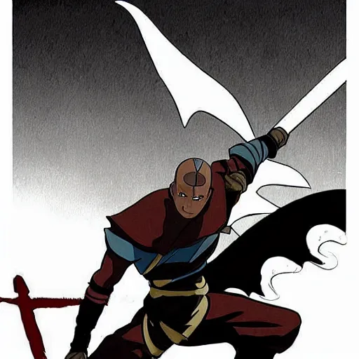 Prompt: avatar the last airbender by steve dillon random. drawing. a large, muscular demon - like creature with wings, standing in a dark, hellish landscape. the creature has red eyes & sharp teeth, & is holding a large sword in one hand.