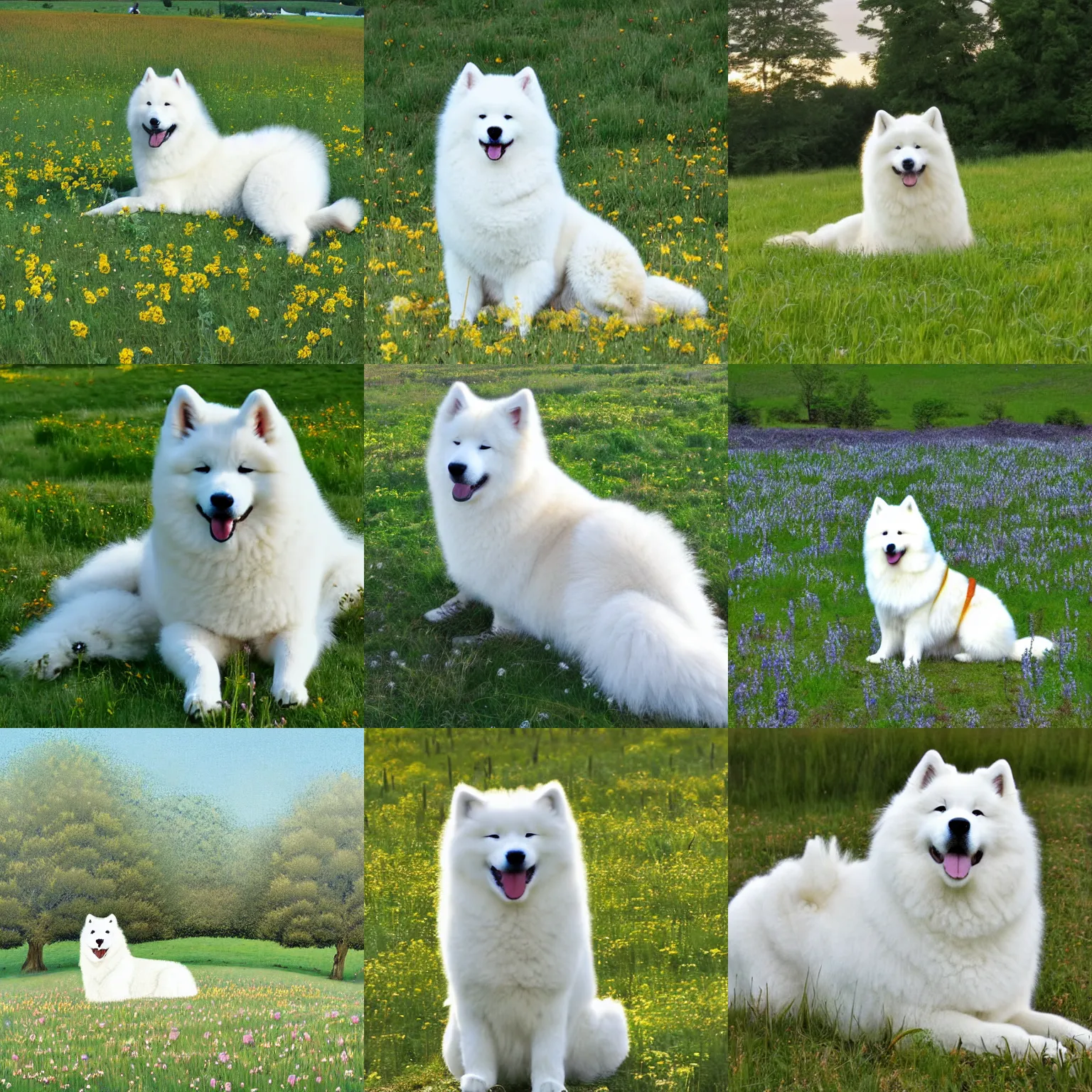 Prompt: a samoyed dog sitting in the middle of sunny meadow, by Gosho Aoyama