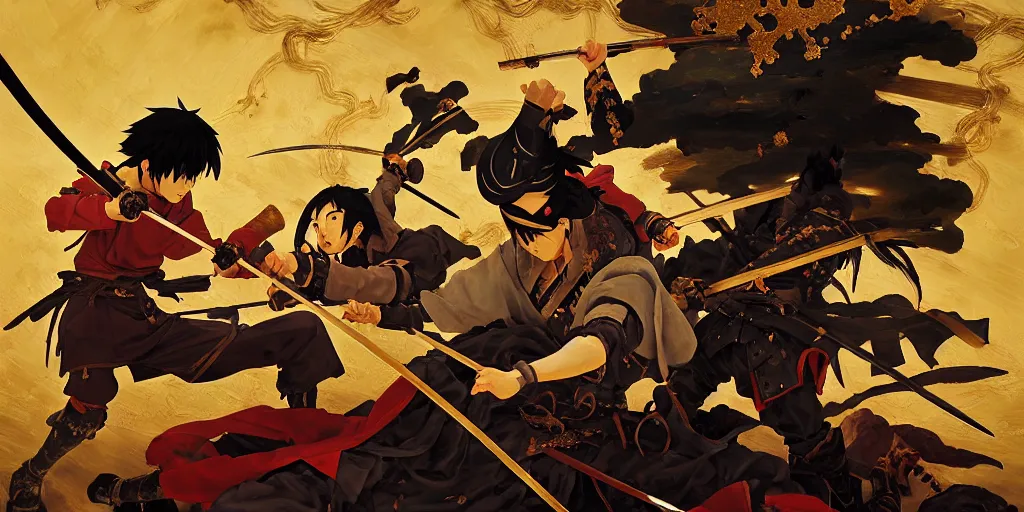 Image similar to baroque oil painting of key visual samurai battle, japanese armor, brutalist fantasy, realism, rule of thirds golden ratio, fake detail, trending pixiv fanbox, acrylic palette knife, style of makoto shinkai ghibli takashi takeuchi yoshiyuki sadamoto jamie wyeth james gilleard greg rutkowski chiho aoshima