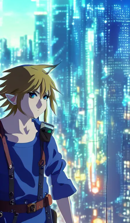 Image similar to anime fine details portrait of Link in front of cyberpunk moder city landscape on the background deep bokeh, close-up view, anime masterpiece by Studio Ghibli. 8k, sharp high quality anime, artstation