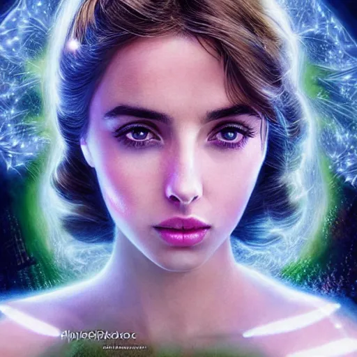 Prompt: hyper realistic, the portrait of the absurdly beautiful, graceful, elegant, gorgeous, fashionable photorealistic ana de armas, anime fantastical runes scatter the background, slightly glowing energy in the pitch black, illuminated the figure from the bottom, green ethereal light, by david hardy, artgerm, russ tran