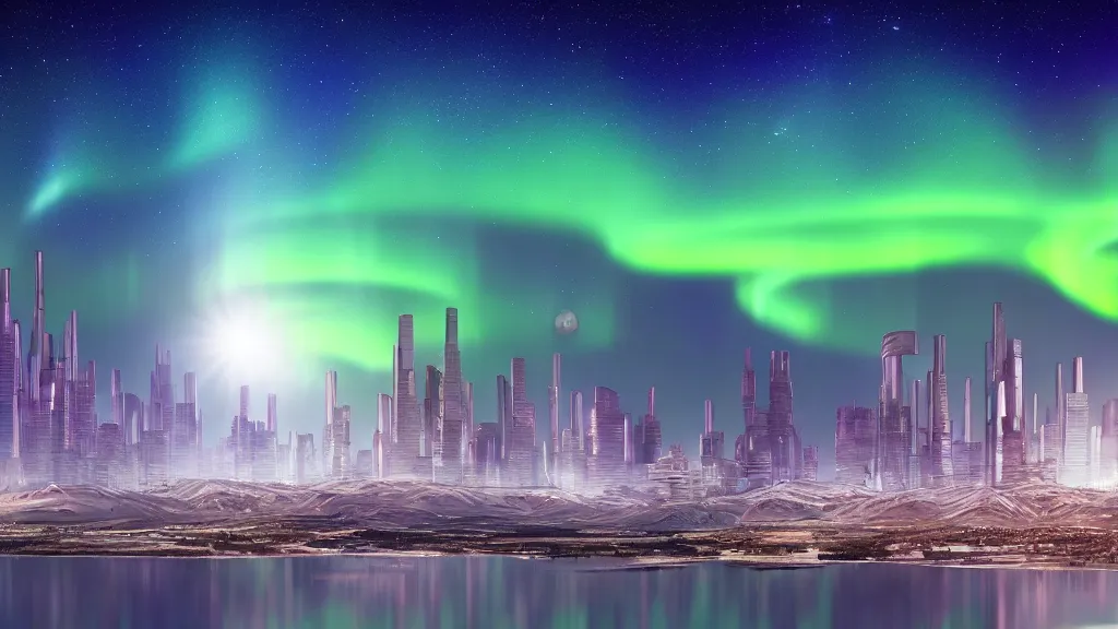 Image similar to futuristic city, aurora borealis, mountains in the distance, multiple moons, ignis fatuus