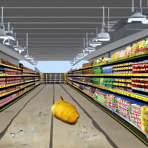 Prompt: grocery store aisle at the bottom of the ocean, cinematic movie scene, 120mm wide shot, precise architectural rendering, concept art, unreal engine, octane render, god rays