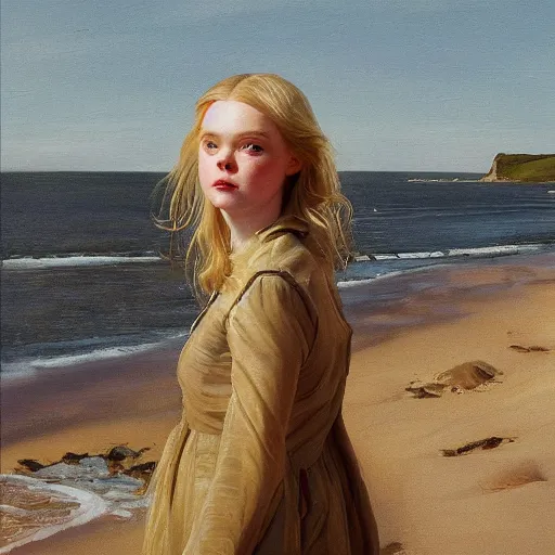 Prompt: Elle Fanning in the beach, head and shoulders masterpiece, oil on canvas, golden hour, in the world of Andrew Wyeth, artstation, by J. C. Leyendecker and Peter Paul Rubens,