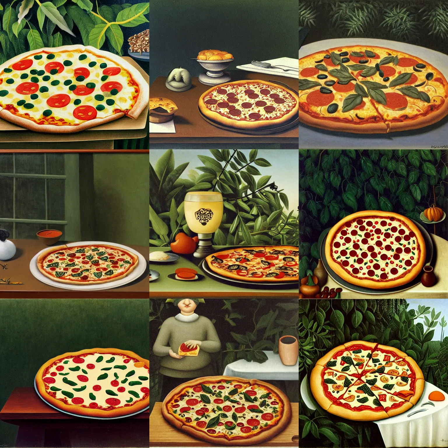 Prompt: Pizza on a table, by Henri Rousseau