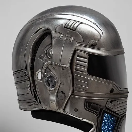 Image similar to cyberpunk mechanical helmet with side intircate hoses looking straight by Vitaly Bulgarov, front view