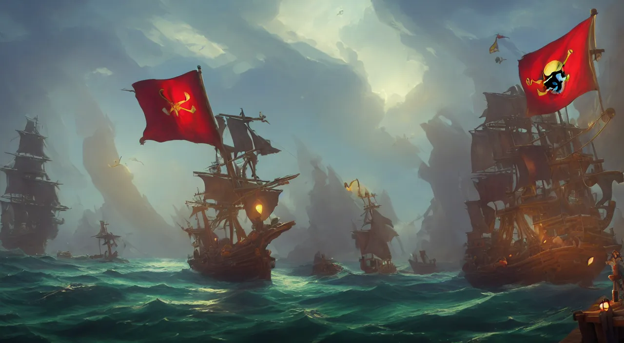 Image similar to pirates on a ghost ship with the Jolly Roger flag in the ocean, volumetric lighting, fantasy art overwatch and heartstone video game icon, a detailed matte painting, by RHADS, cgsociety, matte painting, artstation hq, octane render, 8k, by makoto shinkai and Beeple Jorge Jacinto ,Tyler Edlin, philipsue on artstation