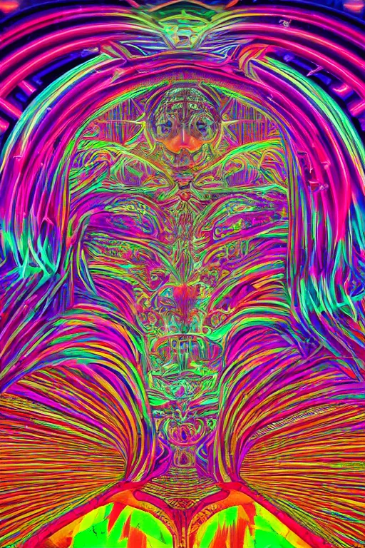 Image similar to a detailed digital neon illustration of the burningman effigit in the style of Alex Grey, lisa frank, beeple, dan mumford. maya render, trending on artstation, greg rutkowski very coherent symmetrical artwork, psychedelic, fantasy, 8k, ornate, intricate, symmetry, cinematic, hyper realism, high detail, octane render, 8k, iridescent accents