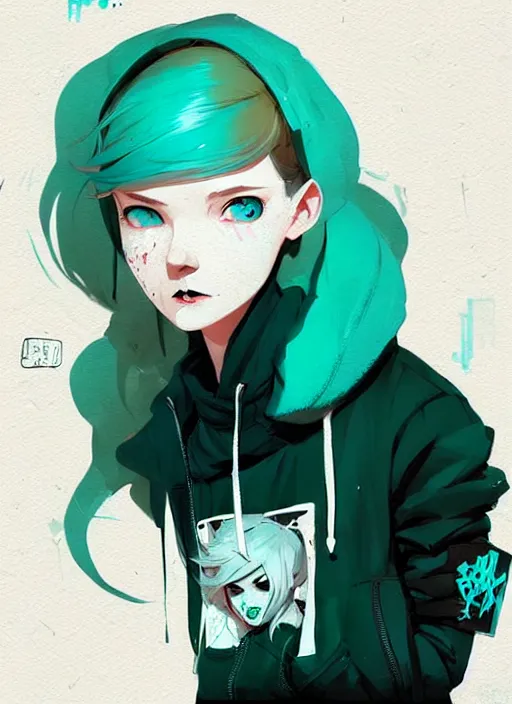 Prompt: highly detailed portrait of a urban punk lady student, blue eyes, hoodie, white hair by atey ghailan, by greg rutkowski, by greg tocchini, by james gilleard, by joe fenton, by kaethe butcher, gradient green, black, brown and teal color scheme, grunge aesthetic!!! ( ( graffiti tag wall background ) )