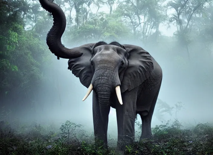 Image similar to an elephant octopus chimera, in a jungle with ominous light from above, great photography, ambient light, fog, river