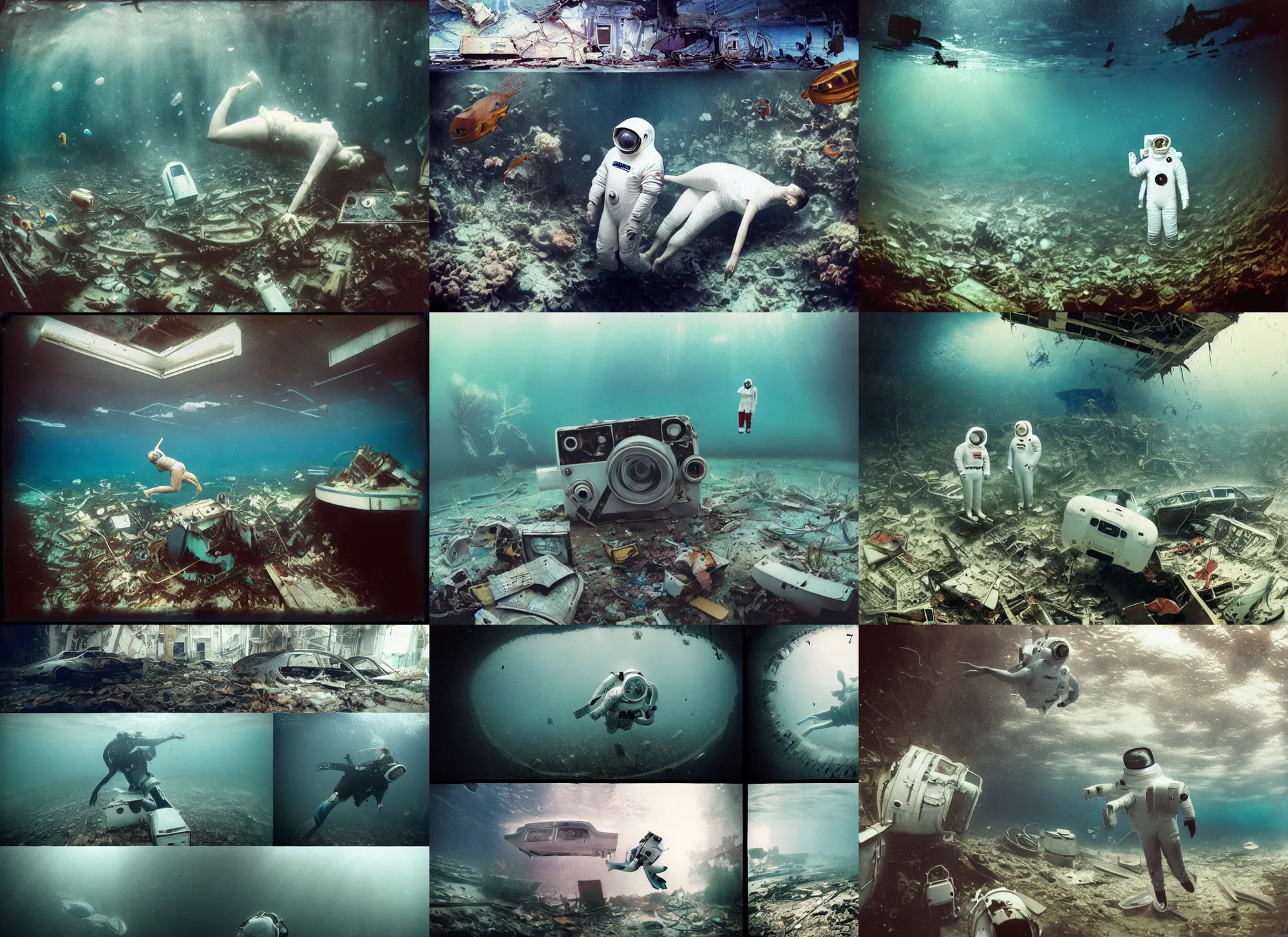 Prompt: underwater photographs of american white spacesuit chubby astronaut in postapocalyptic abandoned destroyed deep sea times square, wrecked buildings, destroyed flipped wrecked cars, underwater polaroid photo, vintage, neutral colors, underwater, by shawn heinrichs and gregory crewdson