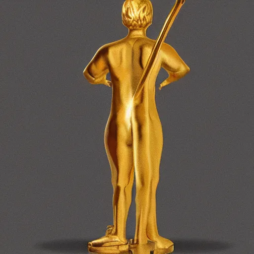 Image similar to a golden statue begging for something while holding a cane, realistic, detailed