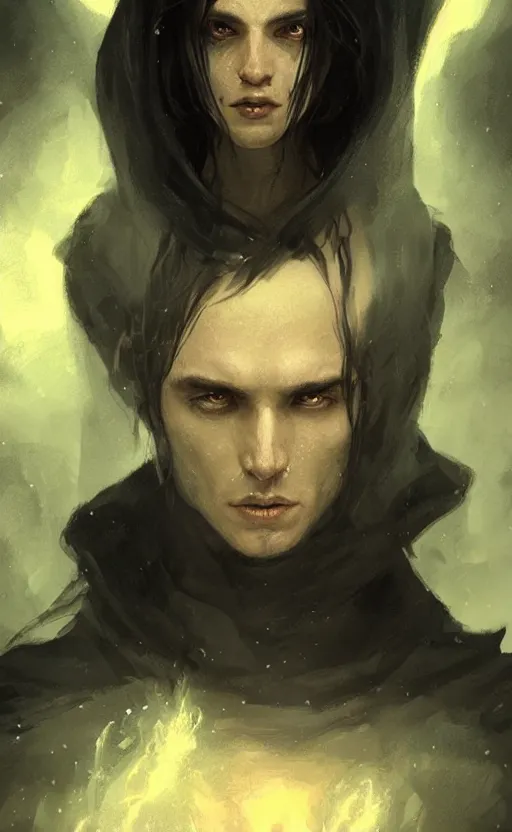 Image similar to Portrait of an elf in a black cloak, black hair, glowing eyes, male, detailed face, fantasy, highly detailed, cinematic lighting, digital art painting by greg rutkowski