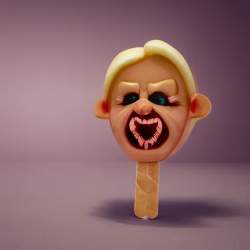 Image similar to ice cream popsicle shaped like screaming chucky doll, octane render, centered, highly detailed