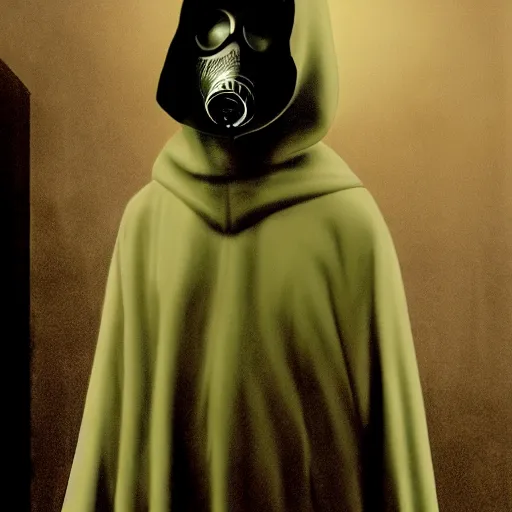 Prompt: man wearing long dark robes and hood and long nosed gasmask, designed by Ralph Angus McQuarrie, film still, photorealistic, enhanced