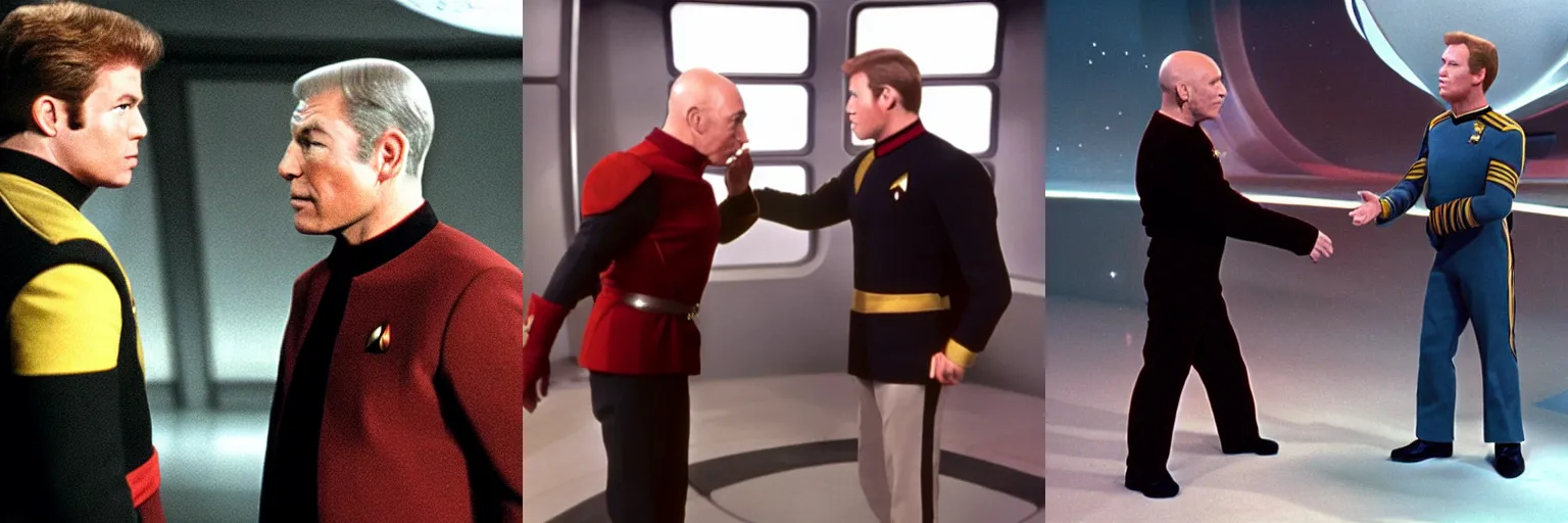 Prompt: Captain Jean-luc Picard meets Captain James T Kirk from the enterprise