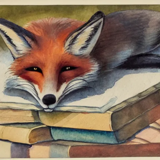 Image similar to fox sleeping on a pile of books, watercolors, 1 9 3 0