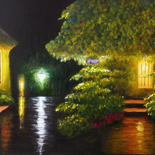 Prompt: a painting of rain in a garden at night