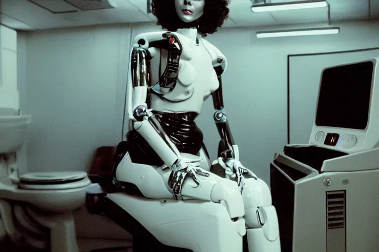 Image similar to beautiful woman robot sitting on a galaxy toilet, from 1985, bathed in the glow of a crt television, crt screens in background, low-light photograph, in style of Tyler Mitchell