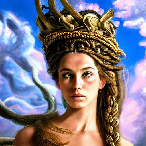 Image similar to Head and shoulders masterpiece portrait of the beautiful goddess Lana Rhoades as Medusa the greek goddess, she is looking straight to the camera, she has a glow coming from her, she is getting illuminated for rays of light, behind is a scary atmosphere, she is posing, the photo was taking by Annie Leibovitz, matte painting, oil painting, naturalism, 4k, 8k