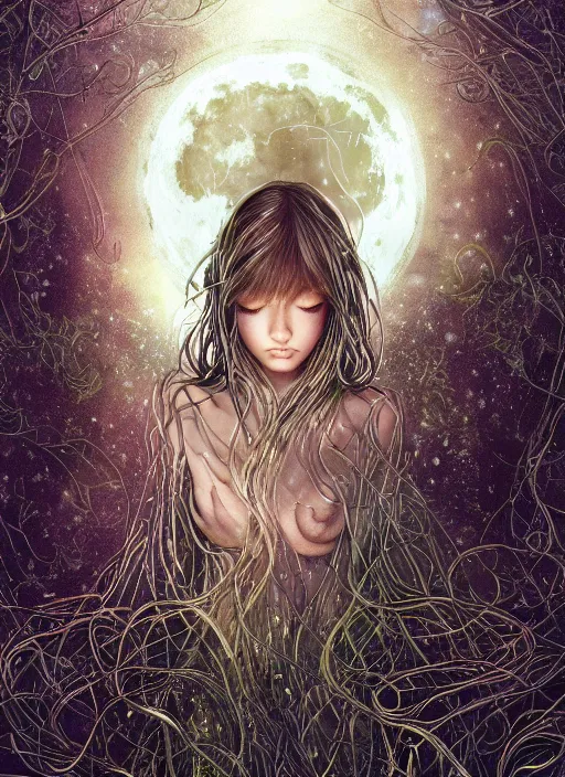 Image similar to glowing silver and golden elements, full close-up portrait, A beautiful dark witch in front of the full big moon, book cover, colorful gems, green forest, red white black colors, establishing shot, extremly high detail, foto realistic, cinematic lighting, pen and ink, intricate line drawings, by Yoshitaka Amano, Ruan Jia, Kentaro Miura, Artgerm, post processed, concept art, artstation, matte painting, style by eddie, raphael lacoste, alex ross