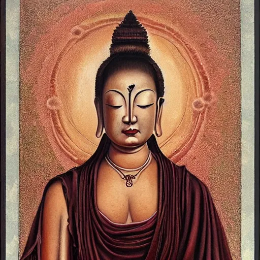 Prompt: contented female bodhisattva, praying meditating, portrait illustration by Saturno Buttò