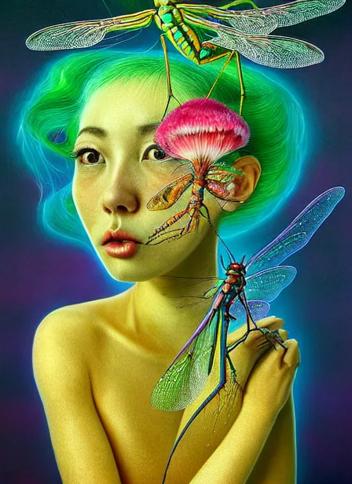 Image similar to hyper detailed 3d render like a Oil painting - kawaii portrait Aurora (gold haired Singer Praying Mantis Dragonfly faced) seen Eating of the Strangling network of yellowcake aerochrome and milky Fruit and Her compund eyes delicate Hands hold of gossamer polyp blossoms bring iridescent fungal flowers whose spores black the foolish stars by Jacek Yerka, Mariusz Lewandowski, Houdini algorithmic generative render, Abstract brush strokes, Masterpiece, Edward Hopper and James Gilleard, Zdzislaw Beksinski, Mark Ryden, Wolfgang Lettl, hints of Yayoi Kasuma, octane render, 8k