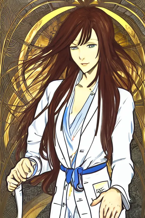 Image similar to Kurisu Makise in flowing lab coat tonemapped in the style of Ayami Kojima and Alphonse Mucha