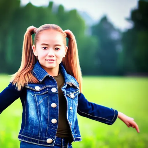 Image similar to a young girl plays on a great green meadow, she wears a jacket, jeans and boots, she has ponytails, photo taken by a nikon, highly detailed, sharp focus