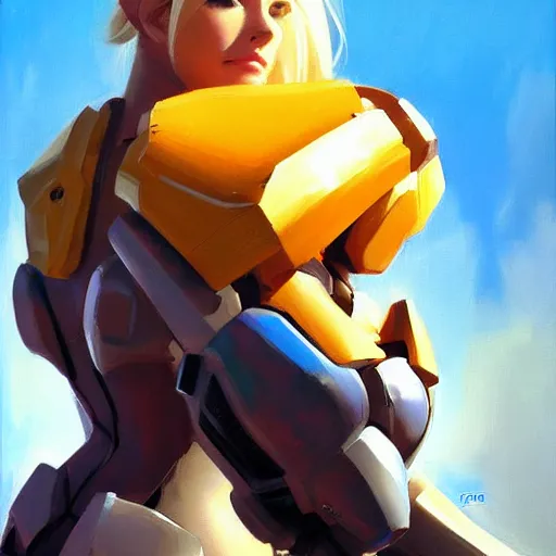 Image similar to greg manchess portrait painting of samus aran as overwatch character, medium shot, asymmetrical, profile picture, organic painting, sunny day, matte painting, bold shapes, hard edges, street art, trending on artstation, by huang guangjian and gil elvgren and sachin teng