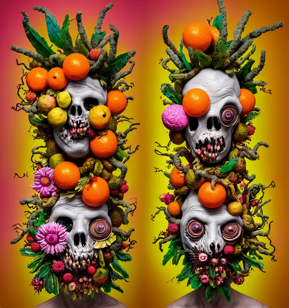 Prompt: headshot of a trickster nature zombie, head made of fruit and flowers in the style of arcimboldo, fragonard, covered with tendrils and snail shells, oil painting, ethereal, volumetric lighting, action figure, clay sculpture, claymation, turquoise pink and orange, botanical rainbow backdrop