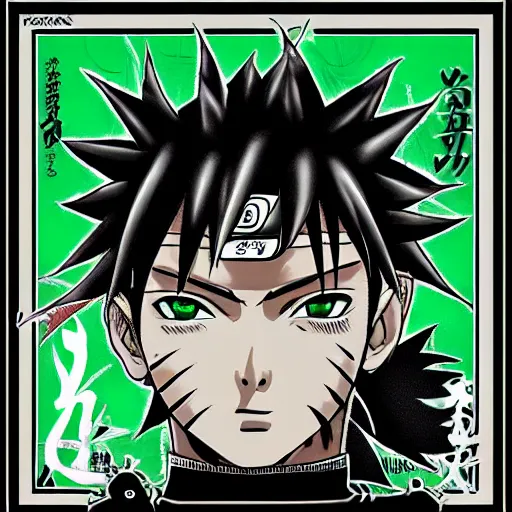 Image similar to sage naruto with random green and black japanese colors as scarlxrd album cover