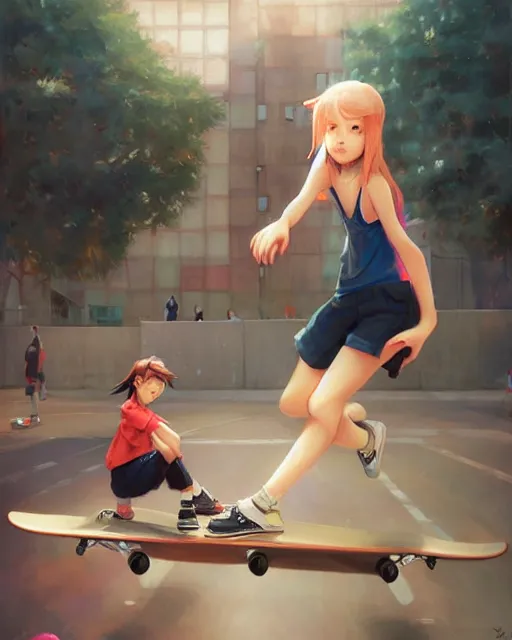 Prompt: young girl playing skateboarder by Stanley Artgerm Lau, kantoku, Rossdraws, James Jean, Andrei Riabovitchev, Marc Simonetti, and kyoani, krenz cushart, pixiv