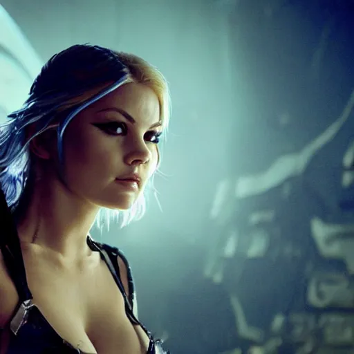 Prompt: elisha cuthbert as a cyberpunk warrior in a scifi battlefield