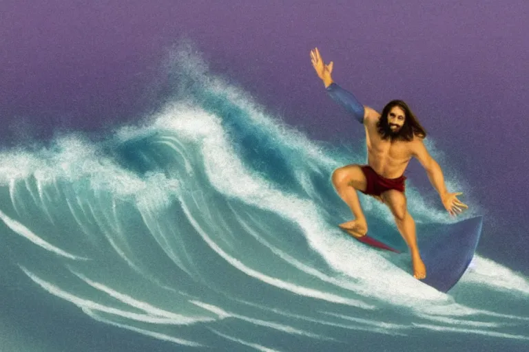 Image similar to jesus surfing the vibe wave