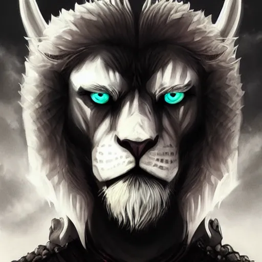 Prompt: anthropomorphic male muscular albino white lion, wearing beautiful vikings armor, darkness aura red light, fantasy, dark, black and white high contrast portrait, character design by charlie bowater, ross tran, artgerm, and makoto shinkai, detailed, inked, western comic book art, 2 0 2 1 award winning film poster paintingy