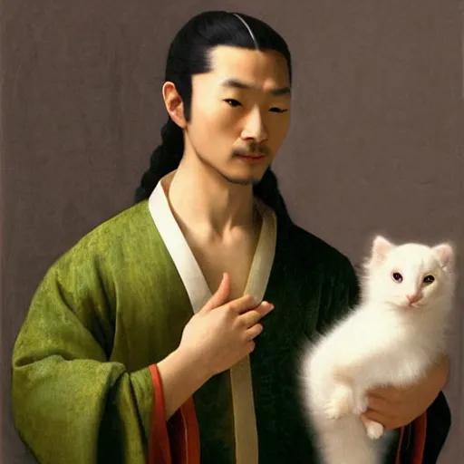 Image similar to A beautiful young Asian man, long black smooth shiny hair, light skin color and green eyes in a beautiful traditional Chinese robe, holding a white fluffy kitten, looking at dolphin playing in he pool, he is a prince and a serious person, by Johannes Vermeer, Frank Frazetta and William Adolphe Bouguereau, fantasy, trending on artstation, amazing details, mtg, digital painting, concept art