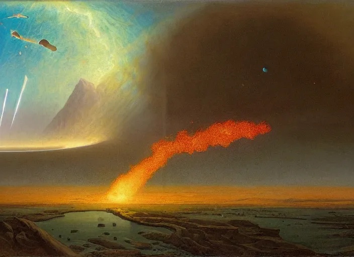 Prompt: earth during the cretaceous – paleogene extinction event, just as the asteroid is colliding with earth, the asteroid later forms the chicxulub crater, in the style of hudson river school of art, oil on canvas