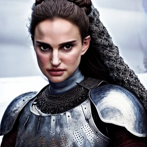 Prompt: head and shoulders portrait of a female knight, young natalie portman, game of thrones, eldritch, silken hair, armored, etched breastplate, dragon scales, vogue fashion photo