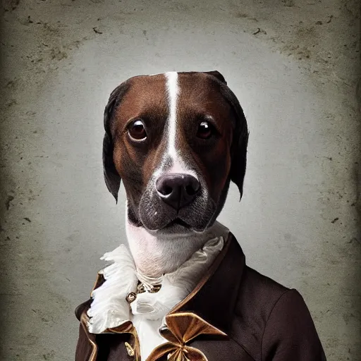 Prompt: dog, alexander hamilton style, beautiful costume, dark fantasy, liminal space, dark paradise, digital art, 4 k