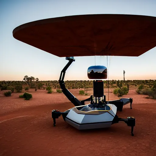 Image similar to flying robotic drone 3d printer printing an earthship house frame in the australian desert, supervised by an asian, caucasian and indian woman, XF IQ4, 150MP, 50mm, F1.4, ISO 200, 1/160s, dawn