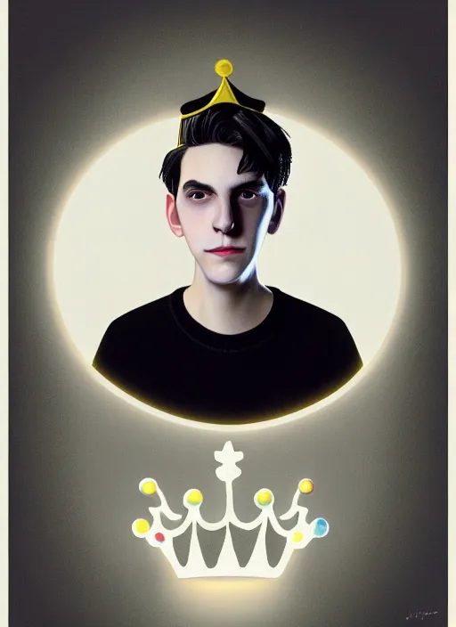 Image similar to portrait of teenage jughead jones wearing a light grey crown, photorealistic, crown, eyes closed, crown, black hair, sweater with letter s on it, letter s, intricate, elegant, glowing lights, highly detailed, digital painting, artstation, concept art, smooth, sharp focus, illustration, art by wlop, mars ravelo and greg rutkowski