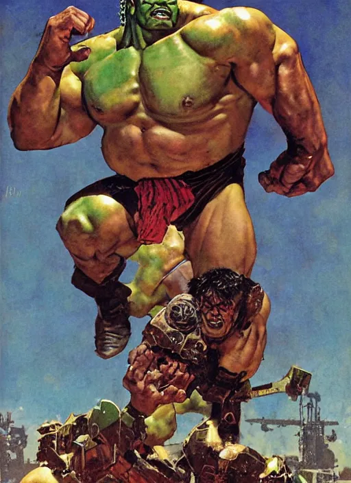 Image similar to full body and head portrait of huge mutant iranian hulk in tattered leather armour, dynamic action, painted by norman rockwell and phil hale and greg staples and tom lovell and frank schoonover and jack kirby