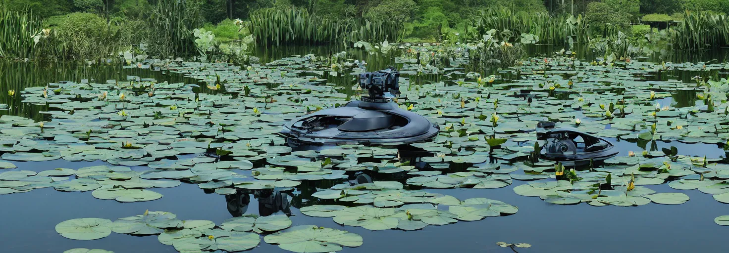 Image similar to A large combat robot lies in the shallow waters of a lake, water lilies float on the surface of the water, sun dawn, futuristic