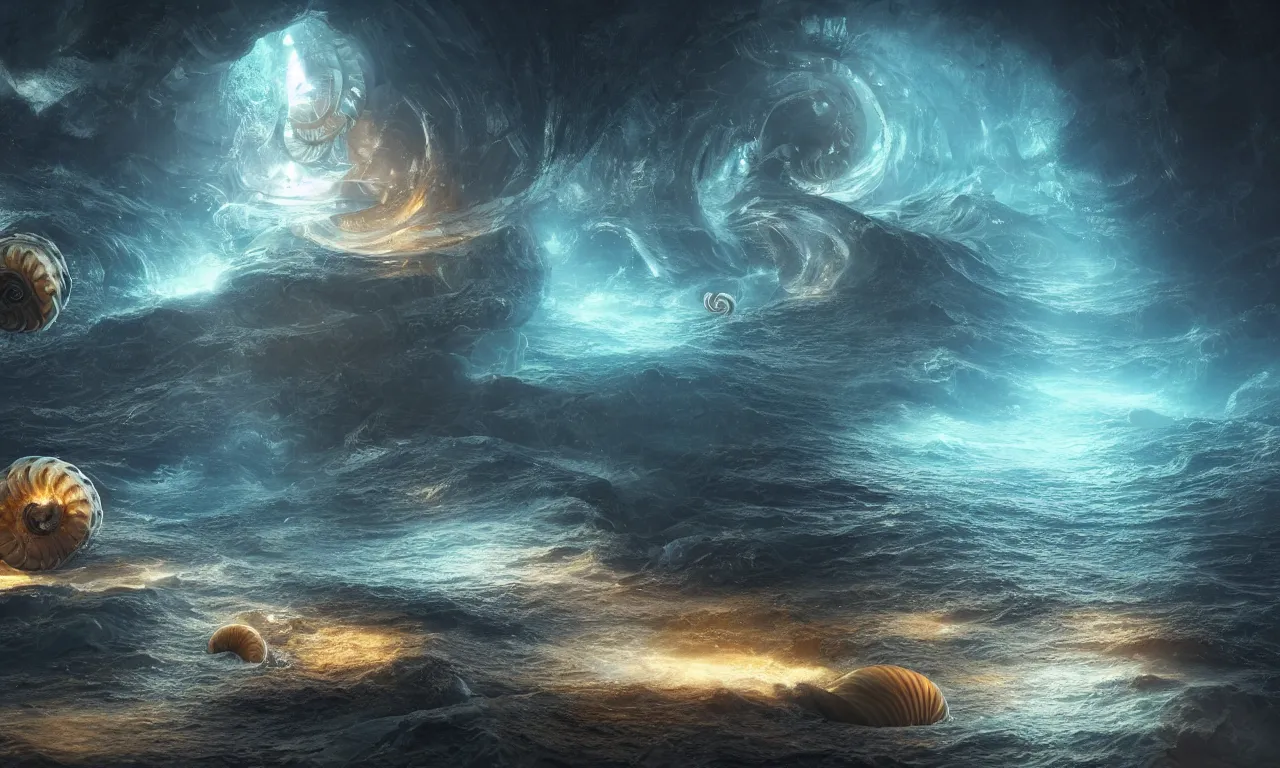 Image similar to A surreal and ethereal magical landscape with a nautilus in the foreground, energy flows of water and fire, translucent, a highly detailed epic cinematic concept art CG render, made in Maya, Blender and Photoshop, octane render, excellent composition, surreal, dream like, by Ekaterina Savic