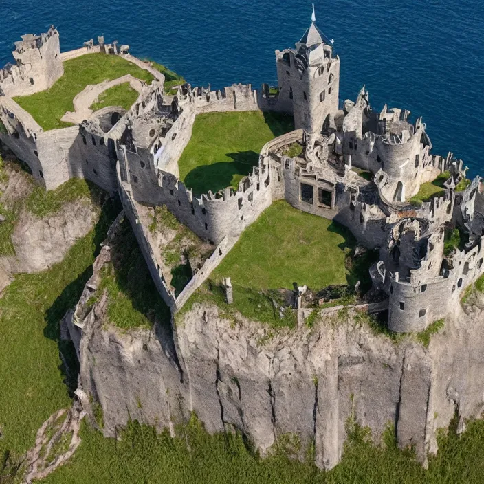 Image similar to aerial view of a punisher fortress from above on a hill by the ocean. castle shaped shaped exactly like the punisher symbol detailed